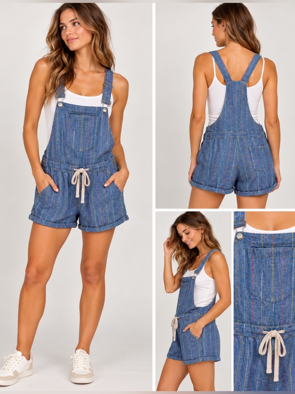 Rocks & Indigo Blue Denim Chambray Embroidered Striped Short Overalls M Medium